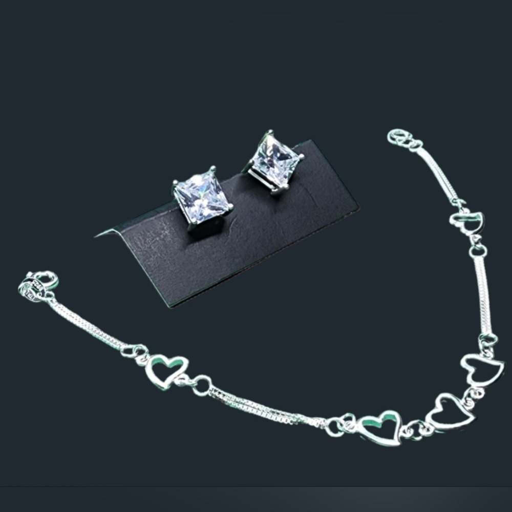 Sterling Silver Earrings With Cubic Zerconia and Sterling Silver Bracelet